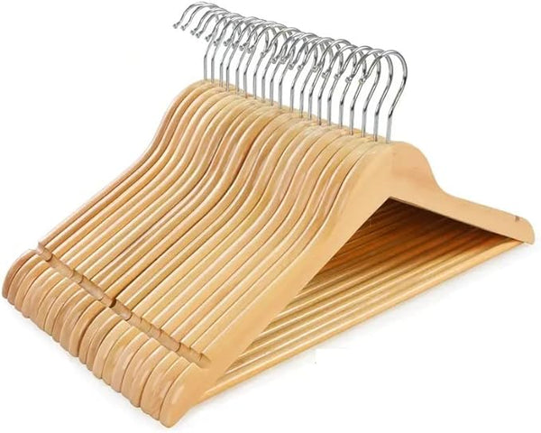 20 Wooden Hangers, Coat Hangers, Clothes Hangers, with Shoulder Notches, Trousers Bar, 360° Swivel Hook, for Suits, Shirts, Coats, Natural Pack of 20