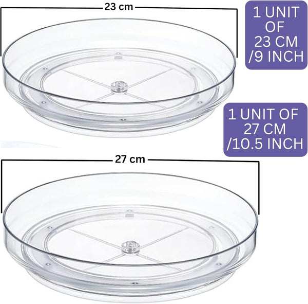 2 Pcs Lazy Susan Turntable Cupboard Organiser Rotating Spice Rack Clear Cosmetic Makeup Organiser Spinning Kitchen Organiser for Cabinet, Pantry, Fridge, Countertop Size 23CM+27CM