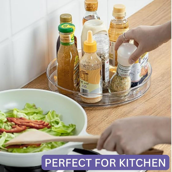 2 Pcs Lazy Susan Turntable Cupboard Organiser Rotating Spice Rack Clear Cosmetic Makeup Organiser Spinning Kitchen Organiser for Cabinet, Pantry, Fridge, Countertop Size 23CM+27CM