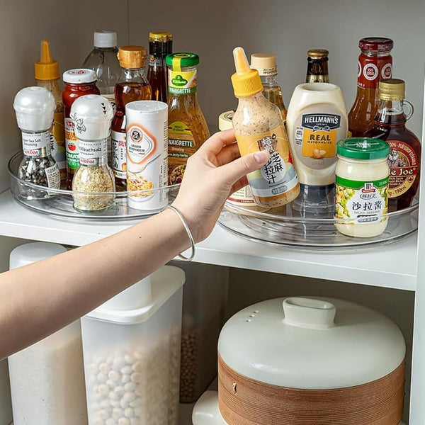2 Pcs Lazy Susan Turntable Cupboard Organiser Rotating Spice Rack Clear Cosmetic Makeup Organiser Spinning Kitchen Organiser for Cabinet, Pantry, Fridge, Countertop Size 23CM+27CM