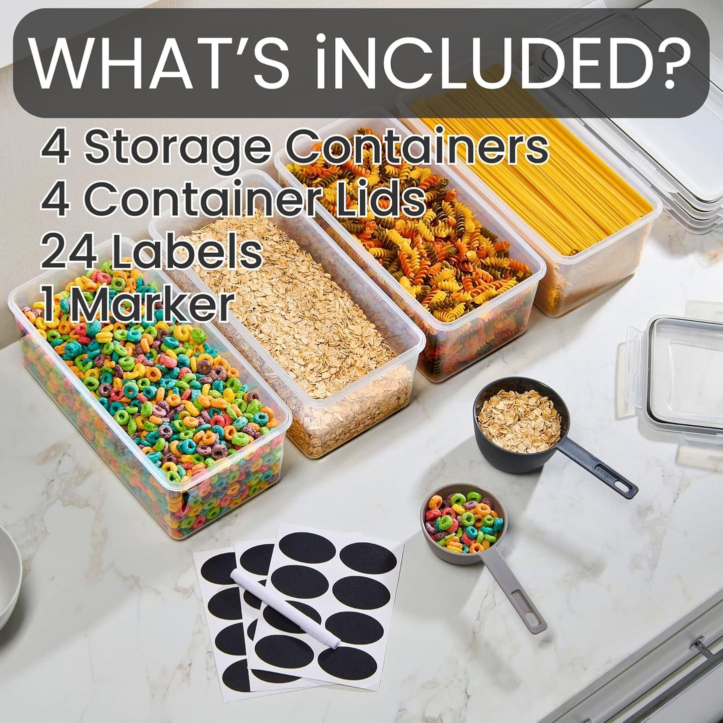 Noodle Storage Boxes with 4 storage containers, 4 container lids, 24 labels, 1 marker