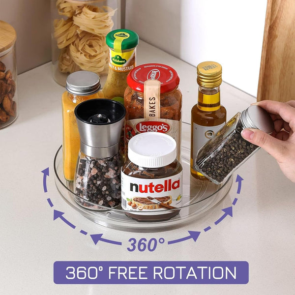 2 Pcs Lazy Susan Turntable Cupboard Organiser Rotating Spice Rack Clear Cosmetic Makeup Organiser Spinning Kitchen Organiser for Cabinet, Pantry, Fridge, Countertop Size 23CM+27CM