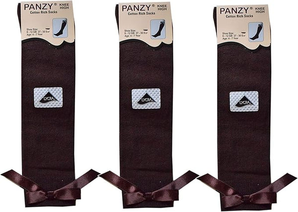 Panzy® 3 pairs Girls Bow Knee High School Plain Long Length Cotton Stretch With all size & colour