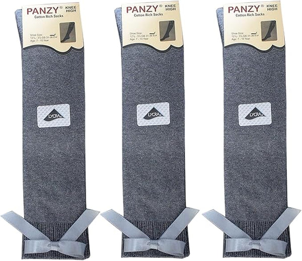 Panzy® 3 pairs Girls Bow Knee High School Plain Long Length Cotton Stretch With all size & colour