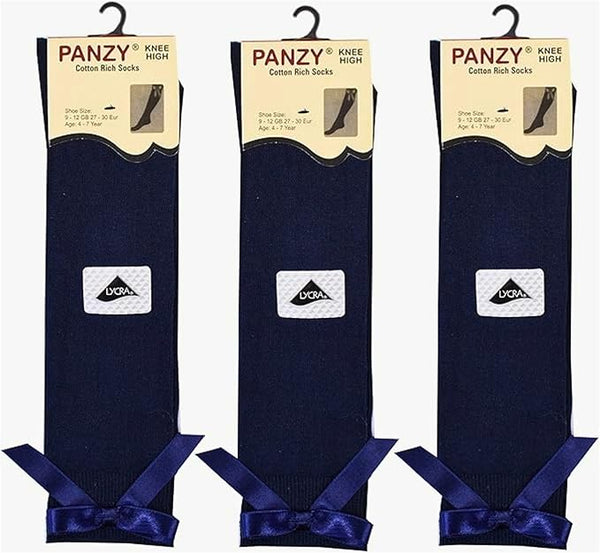 Panzy® 3 pairs Girls Bow Knee High School Plain Long Length Cotton Stretch With all size & colour