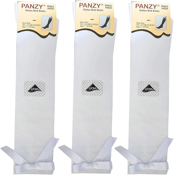 Panzy® 3 pairs Girls Bow Knee High School Plain Long Length Cotton Stretch With all size & colour