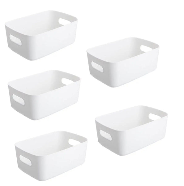 5 Storage Baskets with Handle – Rectangular Home & Kitchen Organiser Strong Plastic Cupboard Storage Boxes 3 sizes