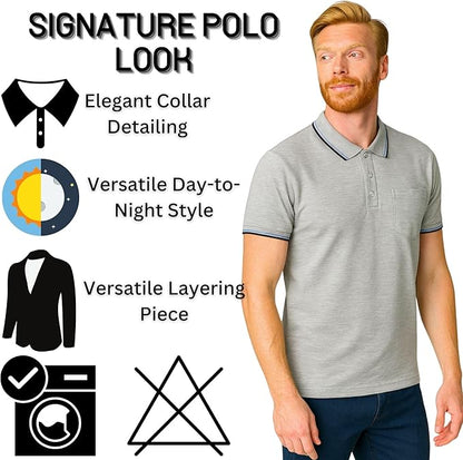 Men's short solid sleeve polo shirt elegant collar detailling, machine washable