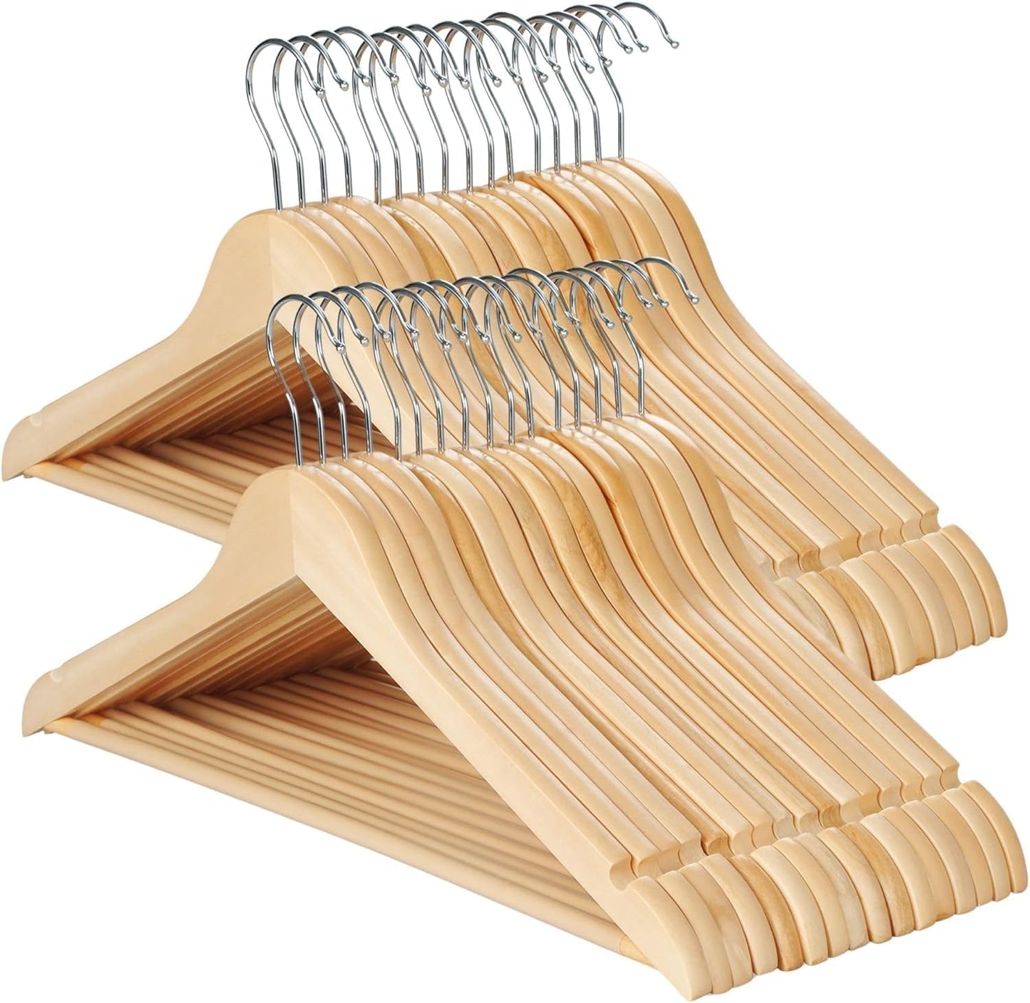 Set of wooden hangers with metal hooks on a white background
