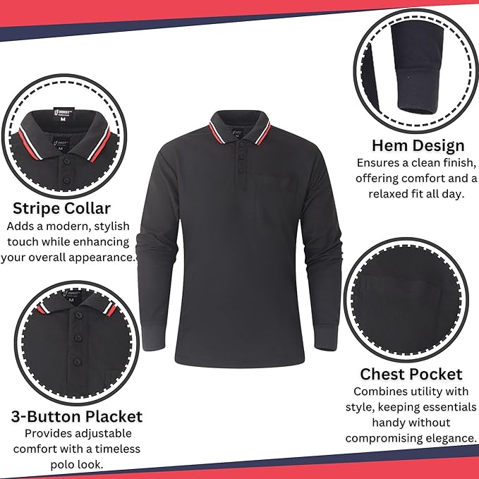Men’s long sleeve polo shirt stripe collar, hem design, 3-button placket, chest pocket