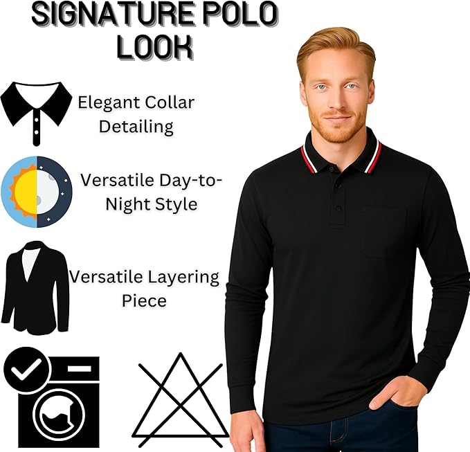 Men’s long sleeve polo shirt elegant collar, machine washable, 