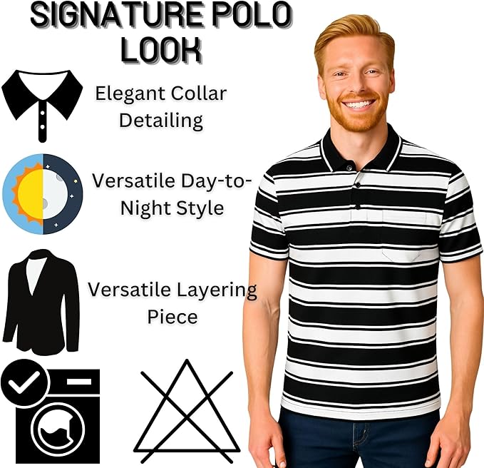 Men's short sleeve striped polo shirt elegant collar detailing, machine washable