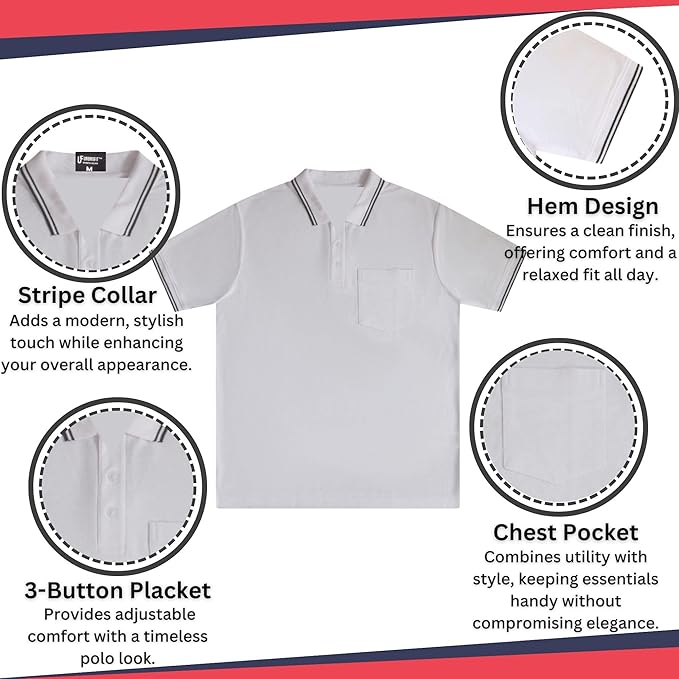 Men's short solid sleeve polo shirt stripe collar, hem design, 3-button placket, chest pocket