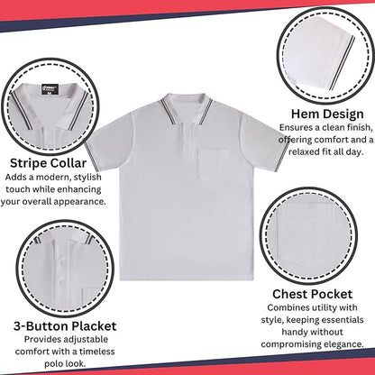 Men's short solid sleeve polo shirt stripe collar, hem design, 3-button placket, chest pocket
