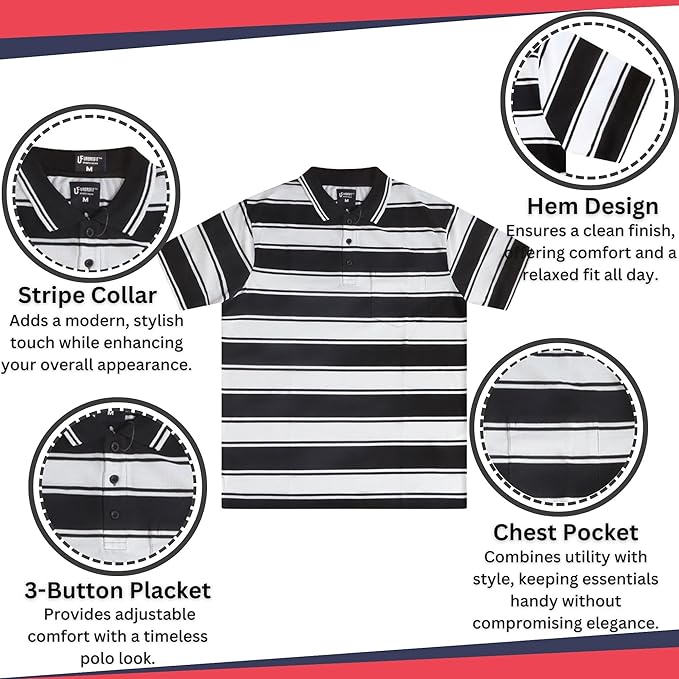 Men's short sleeve striped polo shirt stripe collar, hem design, 3-button placket chest pocket