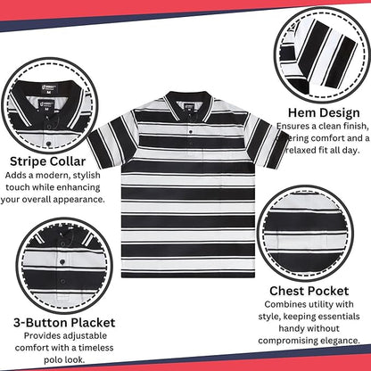 Men's short sleeve striped polo shirt stripe collar, hem design, 3-button placket chest pocket