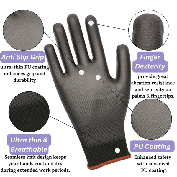 Pack of 12 or 24 Black Safety Work Gloves, Outdoors PU and Nylon Non-Slip Work Handling Gloves, Good Dexterity Protective Gloves