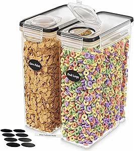 Two clear plastic containers with lids, one filled with cereal and the other with colorful cereal loops.