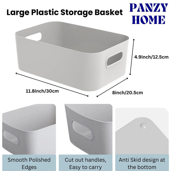 5 Storage Baskets with Handle – Rectangular Home & Kitchen Organiser Strong Plastic Cupboard Storage Boxes 3 sizes