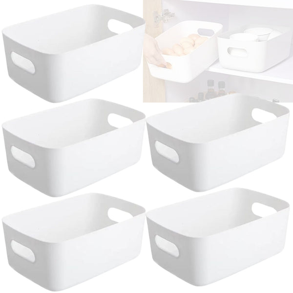 5 Storage Baskets with Handle – Rectangular Home & Kitchen Organiser Strong Plastic Cupboard Storage Boxes 3 sizes