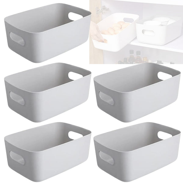 5 Storage Baskets with Handle – Rectangular Home & Kitchen Organiser Strong Plastic Cupboard Storage Boxes 3 sizes