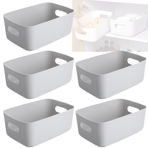 5 Storage Baskets with Handle – Rectangular Home & Kitchen Organiser Strong Plastic Cupboard Storage Boxes 3 sizes