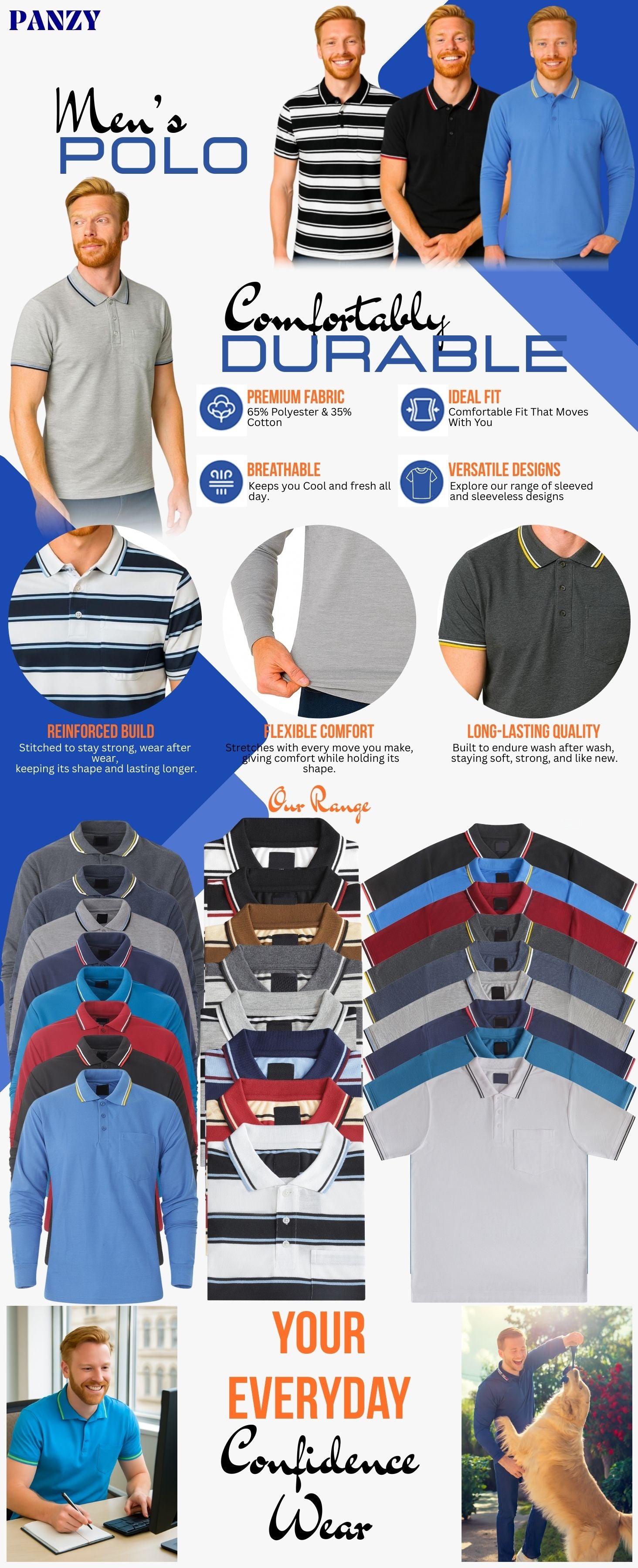 Panzy Men's Short Solid Sleeve Polo Shirt with Stripe Collar