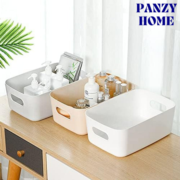 5 Storage Baskets with Handle – Rectangular Home & Kitchen Organiser Strong Plastic Cupboard Storage Boxes 3 sizes
