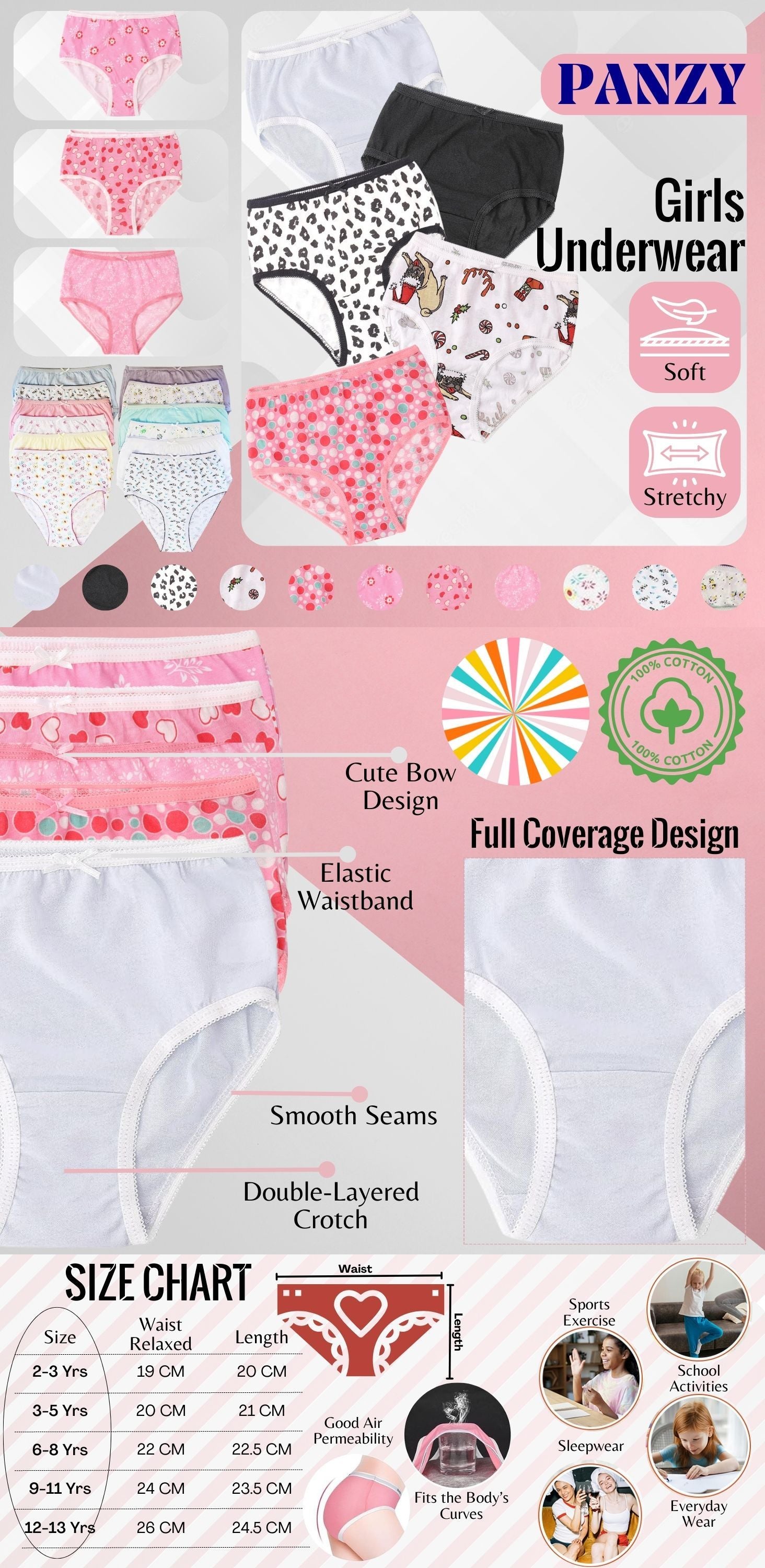 Kids Girls Briefs Knickers Underwear Plain 100% Cotton Pants 12 Pack