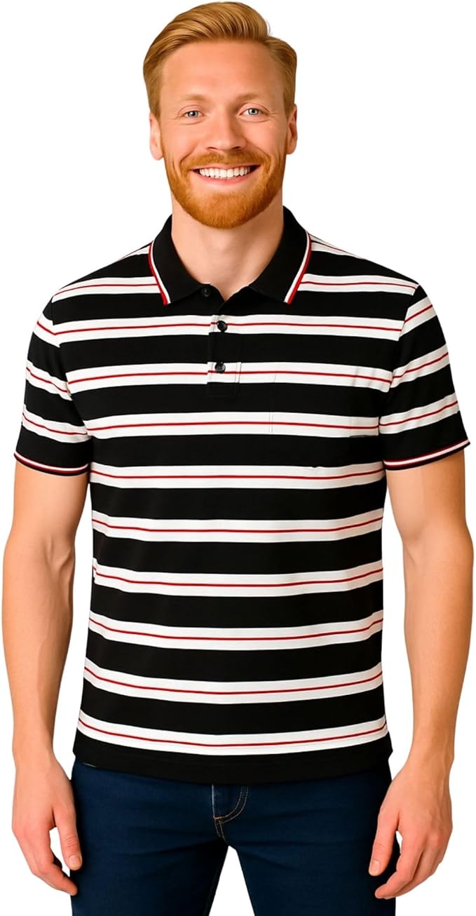 Men's short sleeve striped polo shirt black-white_red colour