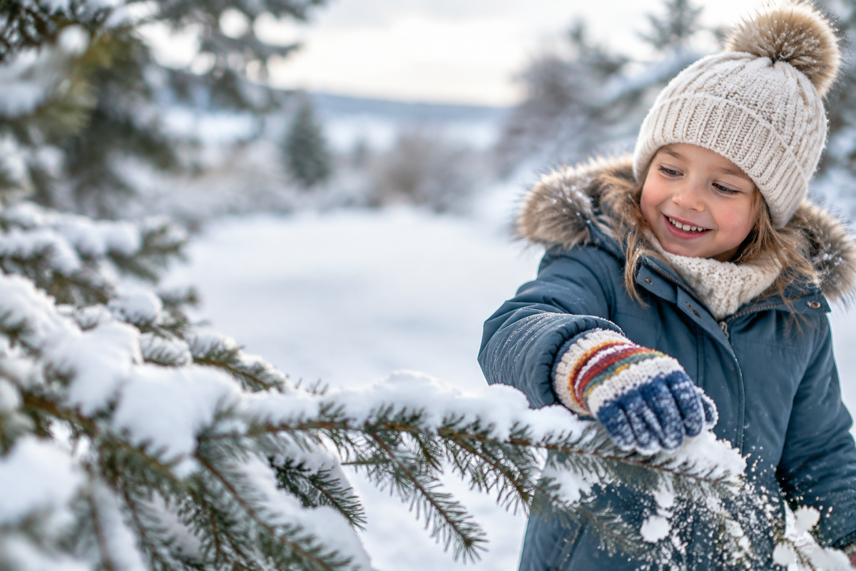 Child in winter gloves brushing snow from a branch