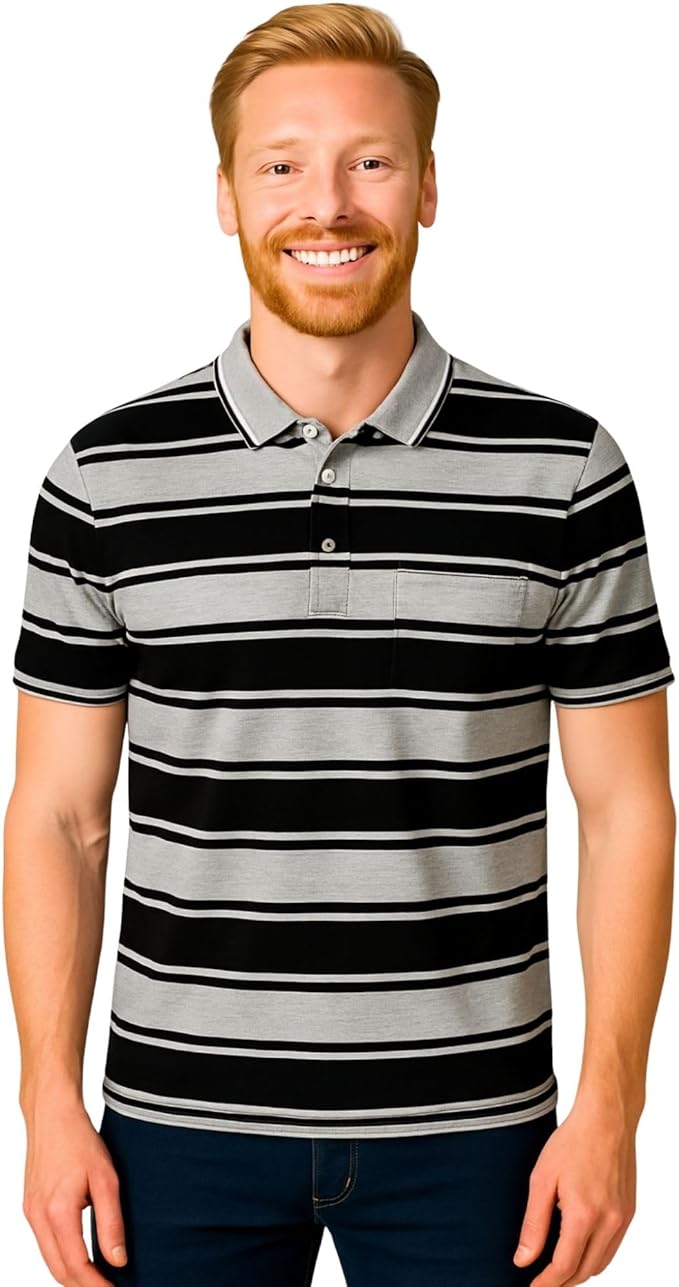 Men's short sleeve striped polo shirt grey_black_white colour