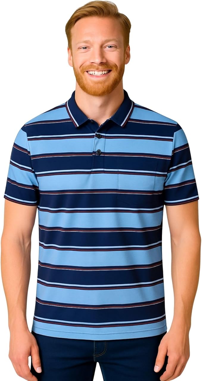 Men's short sleeve striped polo shirt  navy_sky_red colour