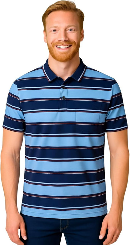 Men's short sleeve striped polo shirt  navy_sky_red colour