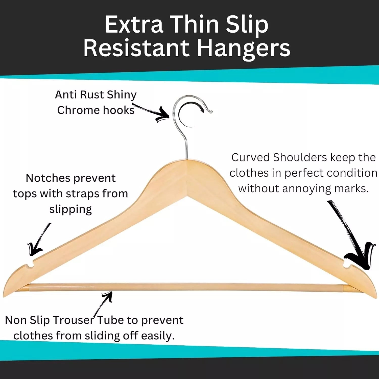 Wooden hanger with features labeled on a black and blue background