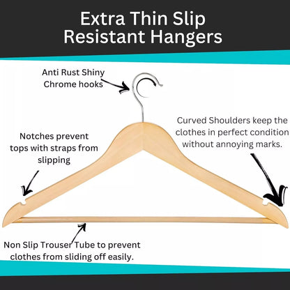 Wooden hanger with features labeled on a black and blue background