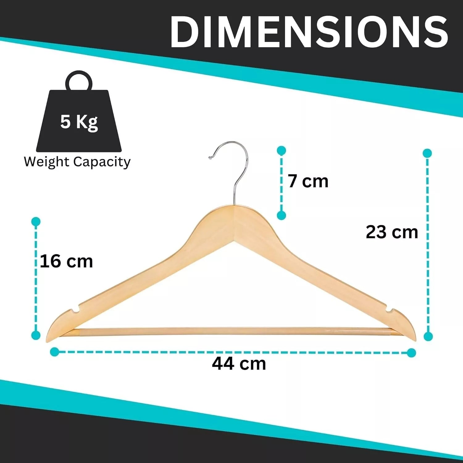 Wooden hanger with measurements and weight capacity displayed