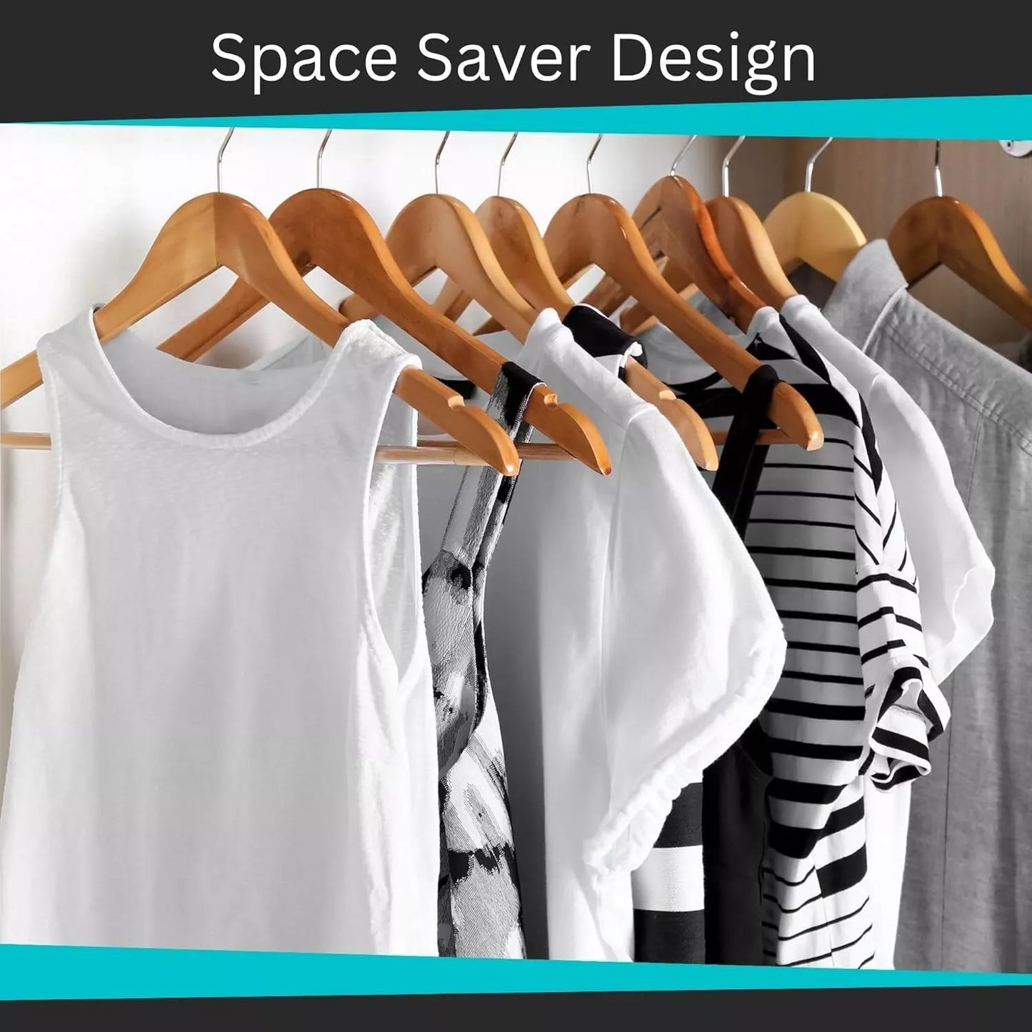 Clothing on wooden hangers with text 'Space Saver Design' at the top.