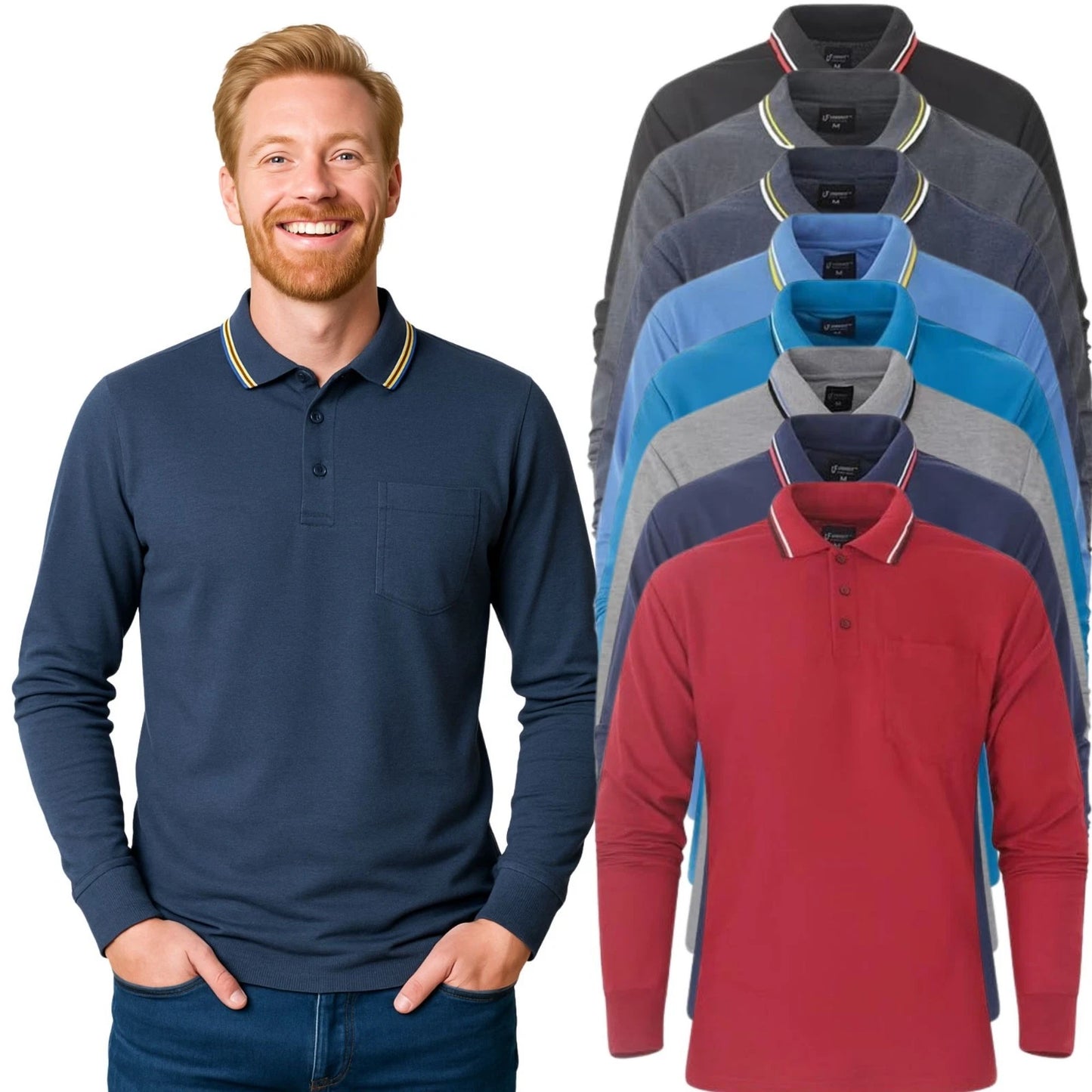 Panzy men’s long sleeve polo shirt multiple colour black, charcoal, denim, light grey, navy, royal blue, teal, wine