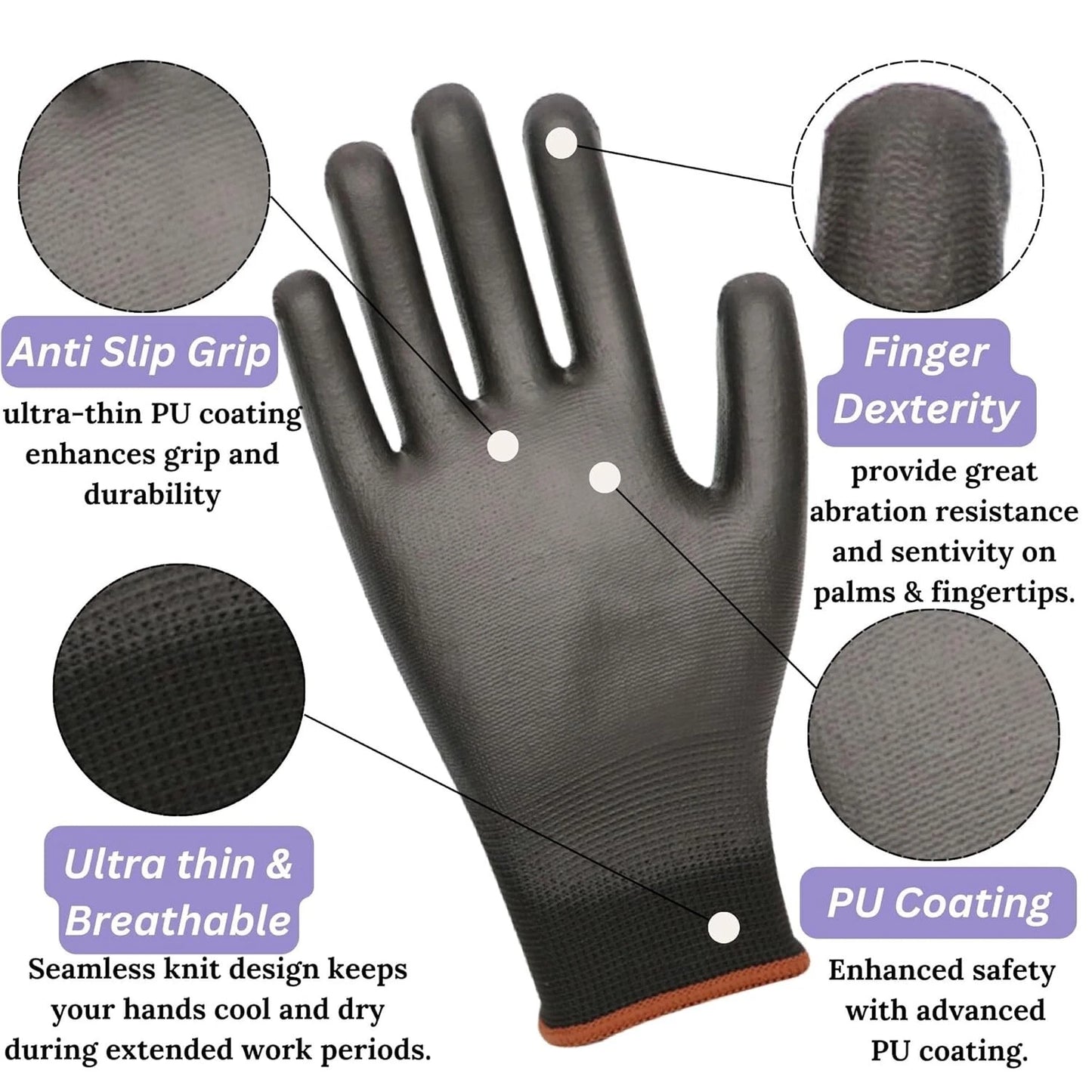 Safety work gloves anti slip grip, finger dexterity, ultra thin & breathable, pu coating