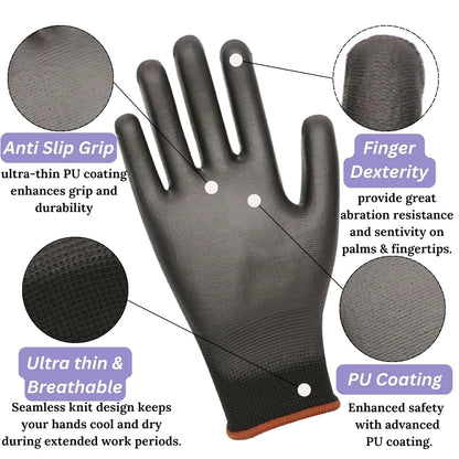 Safety work gloves anti slip grip, finger dexterity, ultra thin & breathable, pu coating