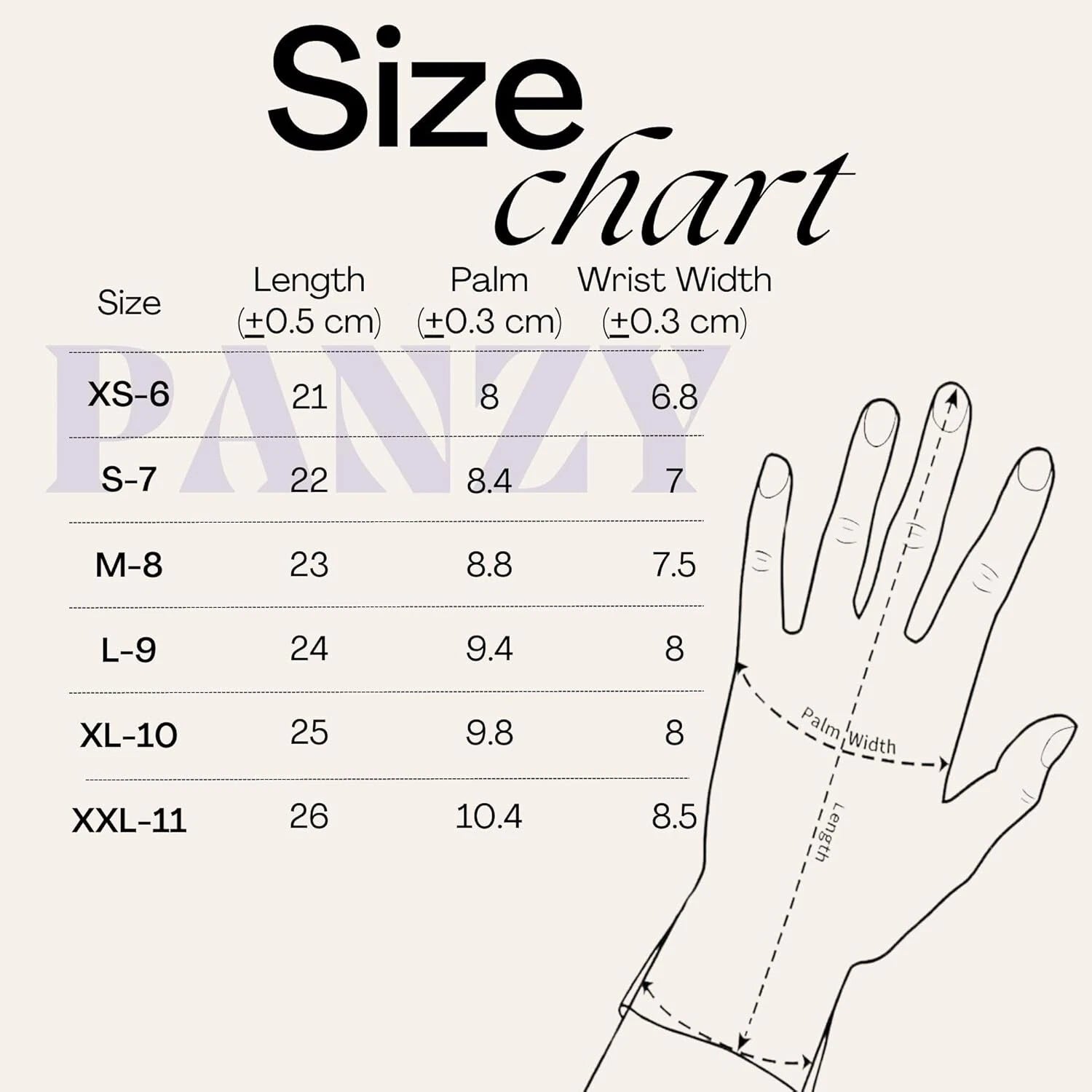 Safety work gloves size chart