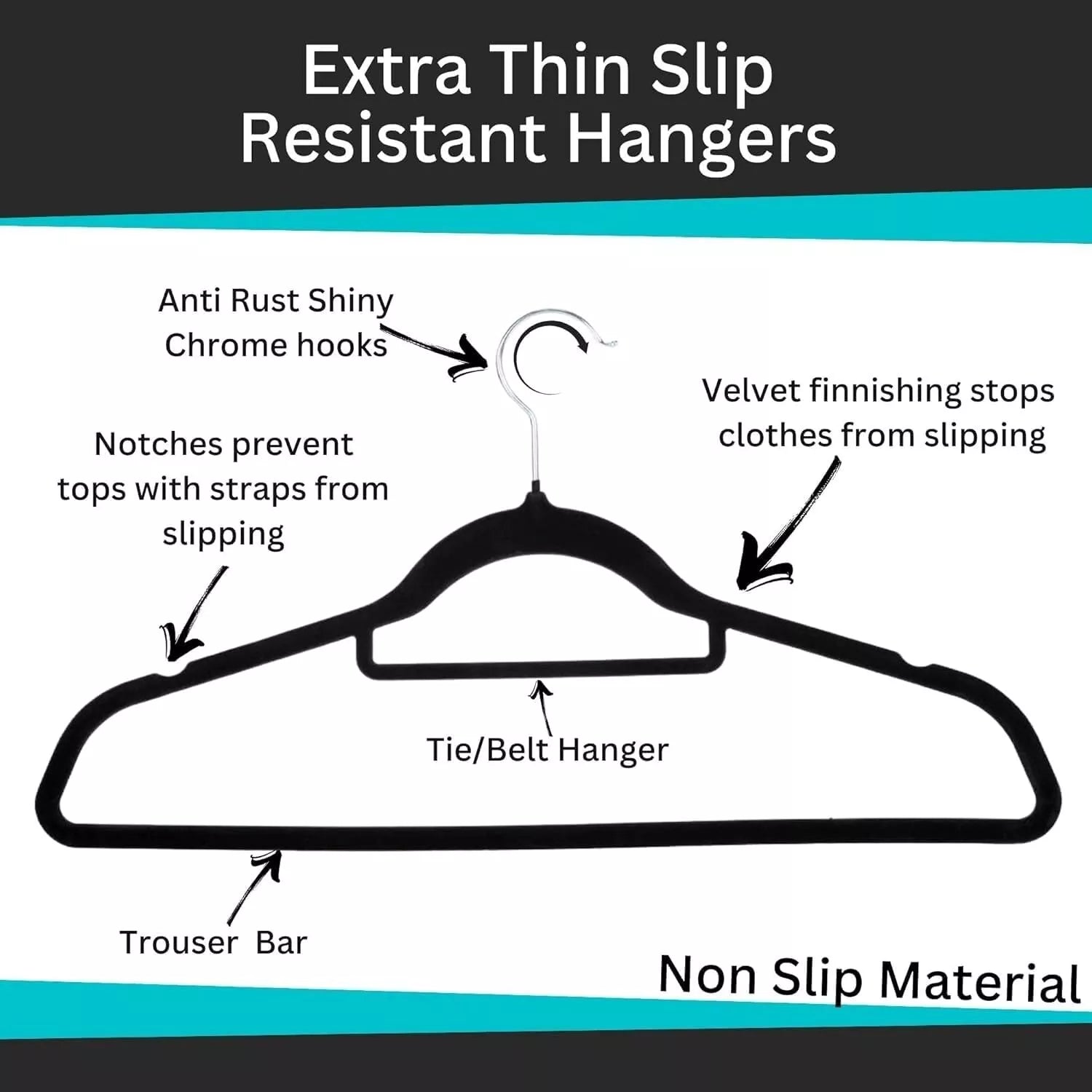 Velvet hangers with extra thin slip resistant  trouser bar, anti rust shiny chrome hooks
