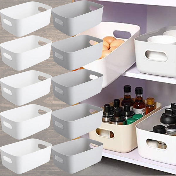 5 Storage Baskets with Handle – Rectangular Home & Kitchen Organiser Strong Plastic Cupboard Storage Boxes 3 sizes