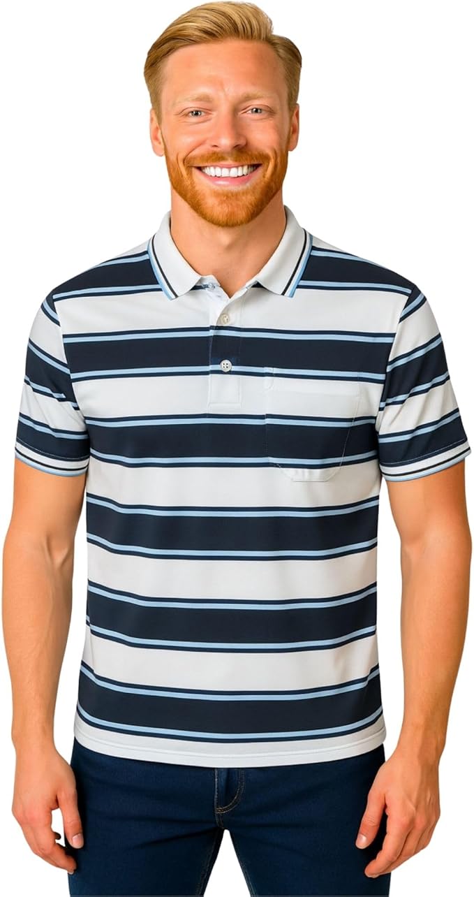 Men's short sleeve striped polo shirt white_black_sky colour