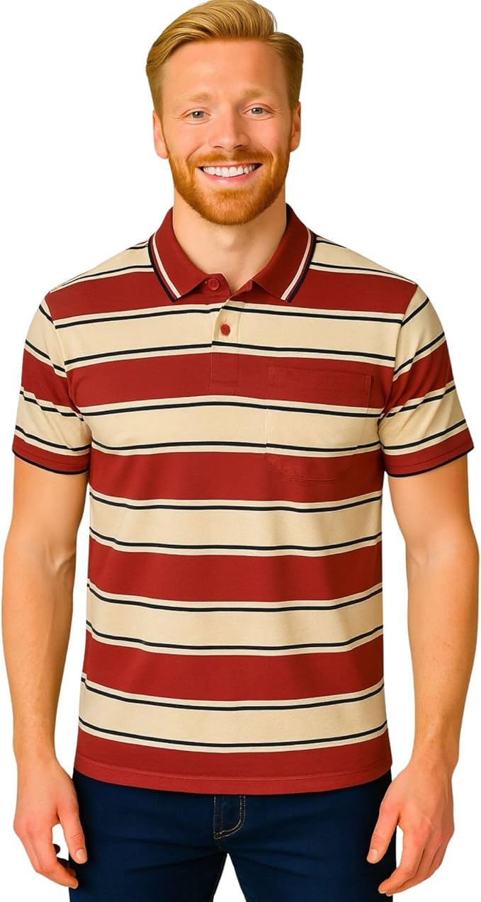 Men's short sleeve striped polo shirt wine_beige_black colour