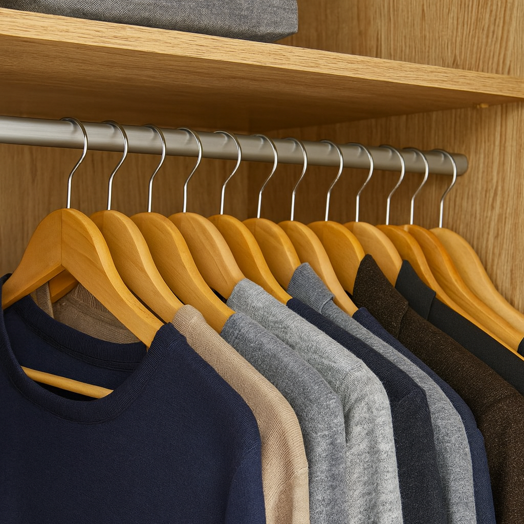 Row of sweaters on wooden hangers in a closet